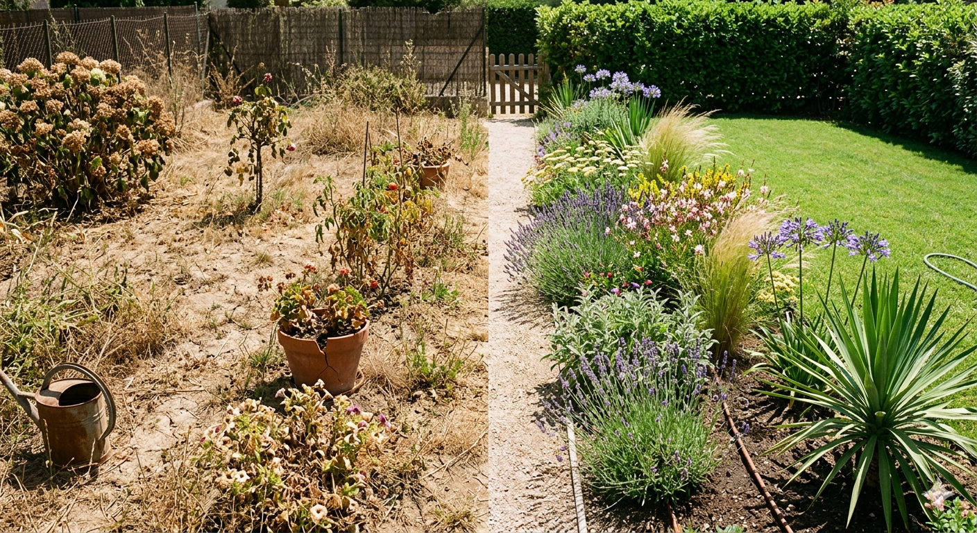 Comparaison visuelle d'un jardin sec et non entretenu à gauche, face à un jardin vert, fleuri et résistant à la sécheresse (avec lavandes, agapanthes, yucca) à droite.